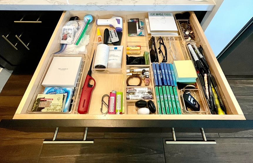 Custom organized drawer with acrylic dividers