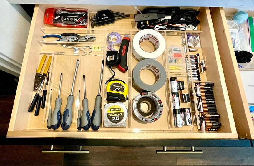 Custom organized drawer with acrylic dividers