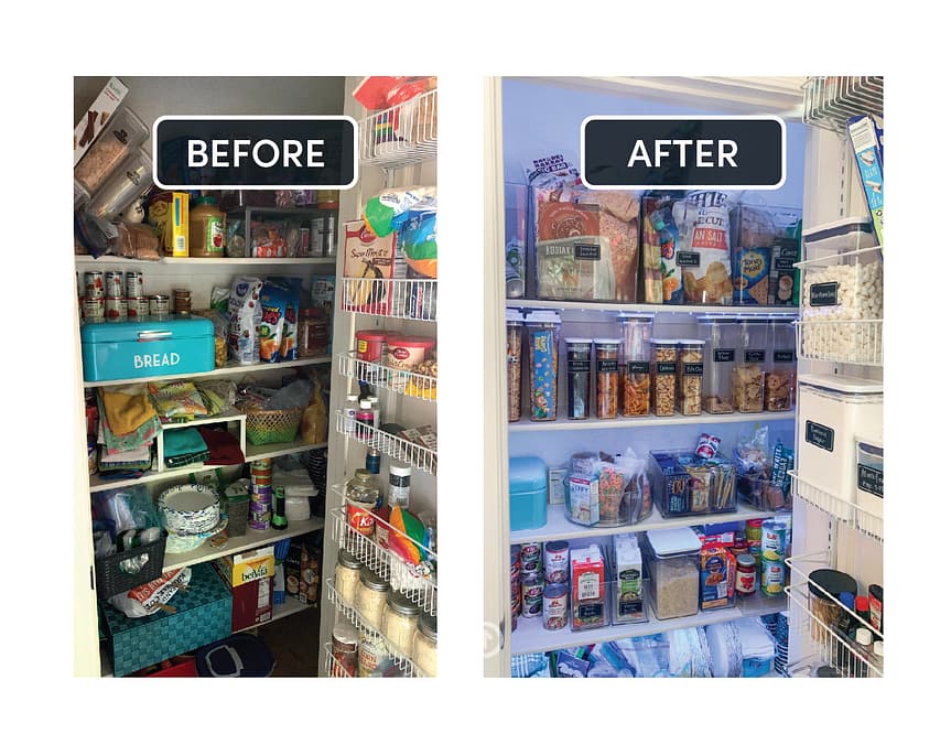Before and after of an unorganized and organized pantry