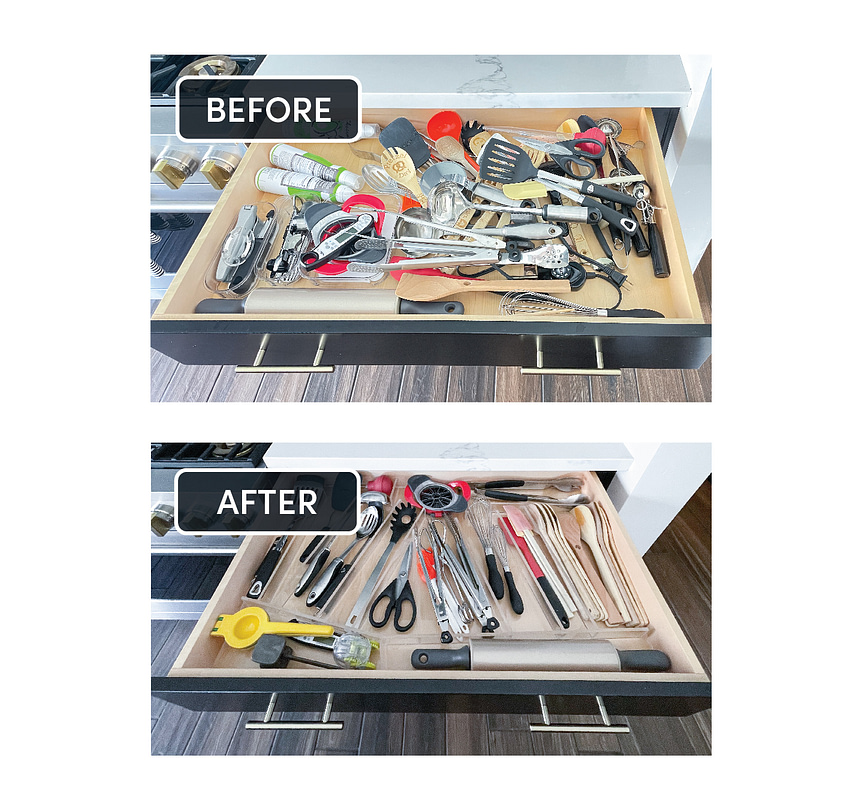 Before and after of a disorganized and then organized kitchen tool drawer